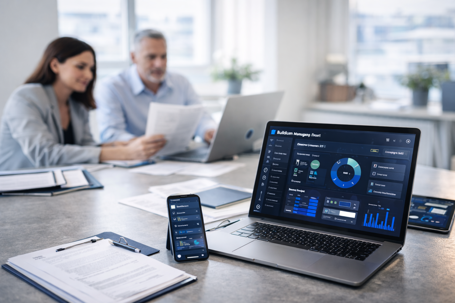 State-of-the-Art Landlord Technology visualizer with Buildium Management Report dashboard on laptop, smartphone, and collaborative triad team with landlord review in background Ontario Windsor